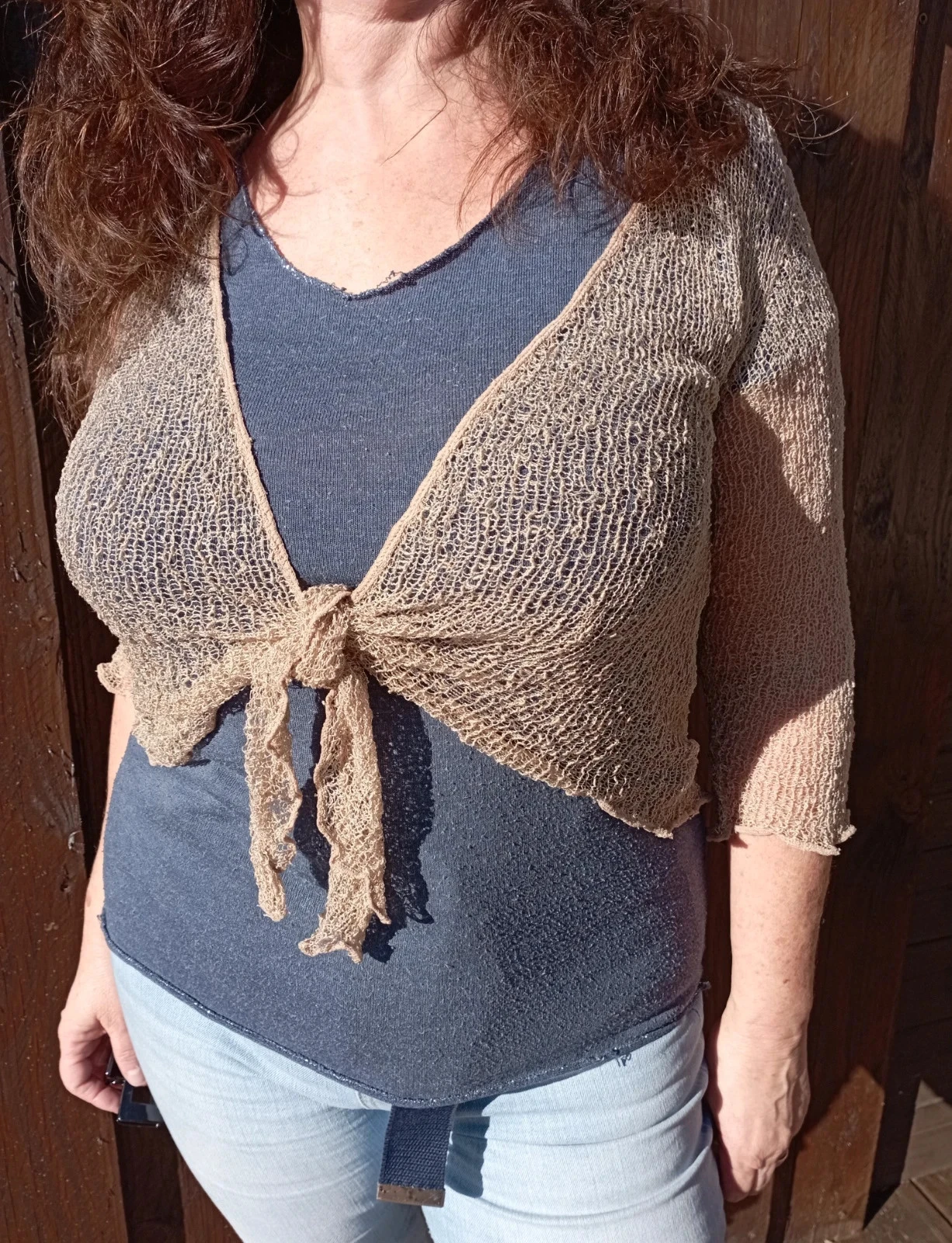 Gilet en maille crochet extensible style boléro bohème Beige